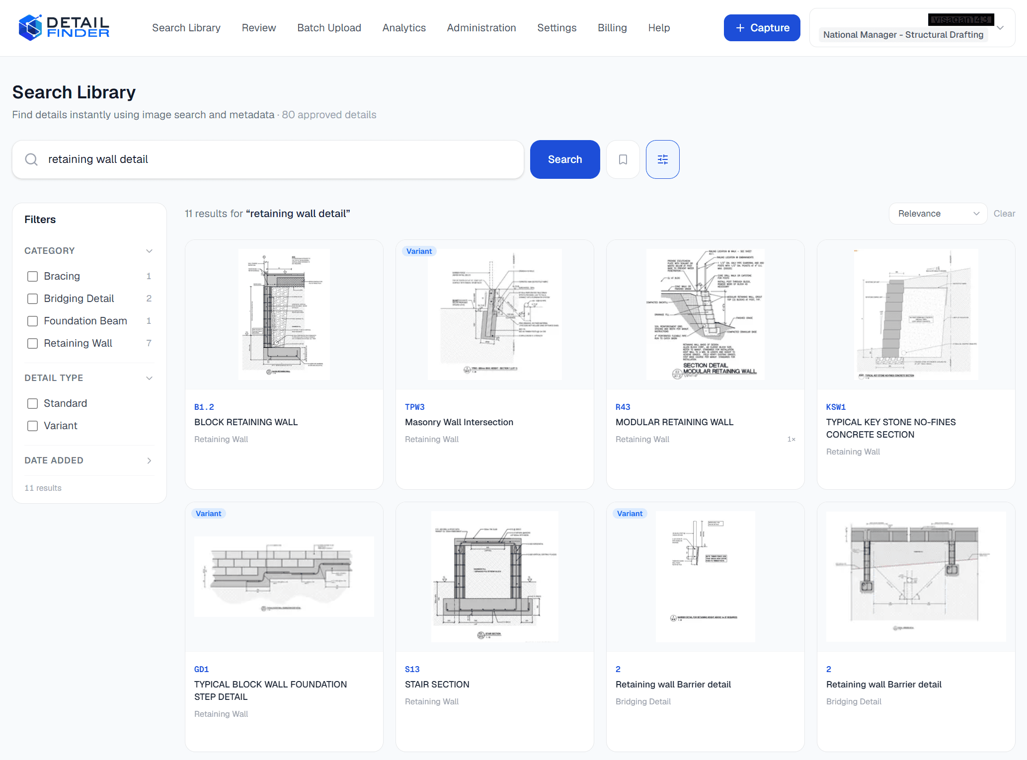 Detail Finder Search Library — retaining wall detail results